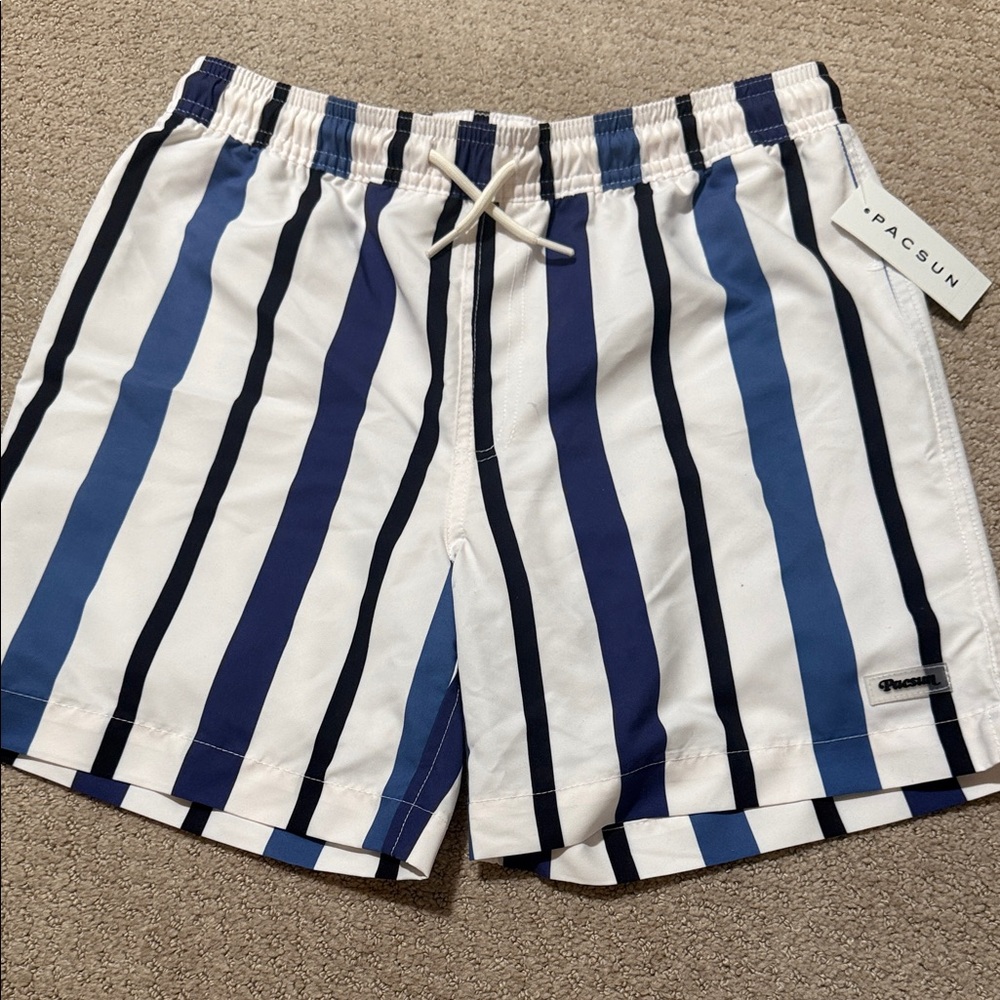 PacSun White Swim Shorts with Navy and Light Blue Stripes YOUTH